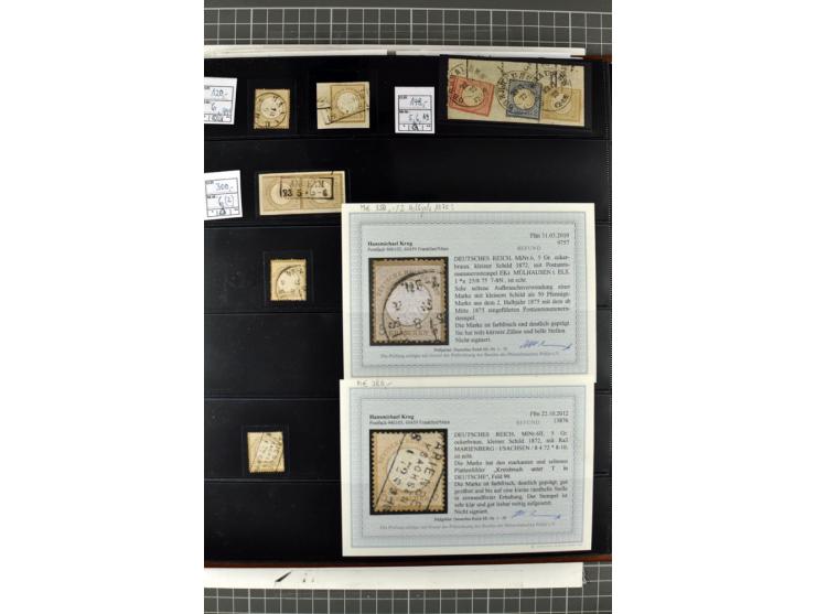 1872/74, Brustschilde-Spezialsammlung, überwiegend gestempelt mit ca. 240 Einzelmarken/Briefstücken und 44 Briefen/Karten. Da