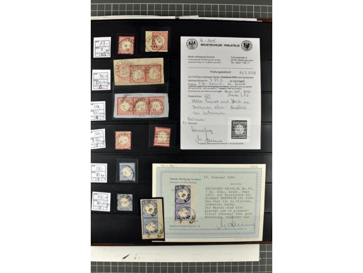 1872/74, Brustschilde-Spezialsammlung, überwiegend gestempelt mit ca. 240 Einzelmarken/Briefstücken und 44 Briefen/Karten. Da