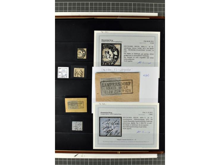 1872/74, Brustschilde-Spezialsammlung, überwiegend gestempelt mit ca. 240 Einzelmarken/Briefstücken und 44 Briefen/Karten. Da