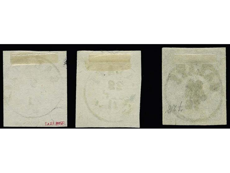 1871, 5 b. rose, 10 b. orange and 10 b. blue, type I, all with good to wide margins and equally cancelled with central clear 
