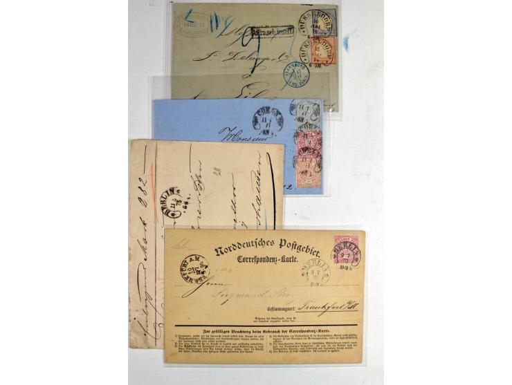 1868/79, 10 Briefe und 7 Briefstücke mir besseren Stempeln u.a. von Elberfeld, Graudenz, Königsberg, etc., 2 Atteste Spalink