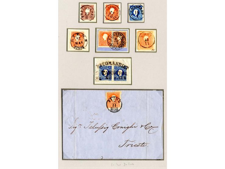 1858/67, Sammlung auf 4 Blättern mit losen Marken, 2 Briefen und diversen Briefstücken, dabei 2 Farbfrankaturen, durchweg seh