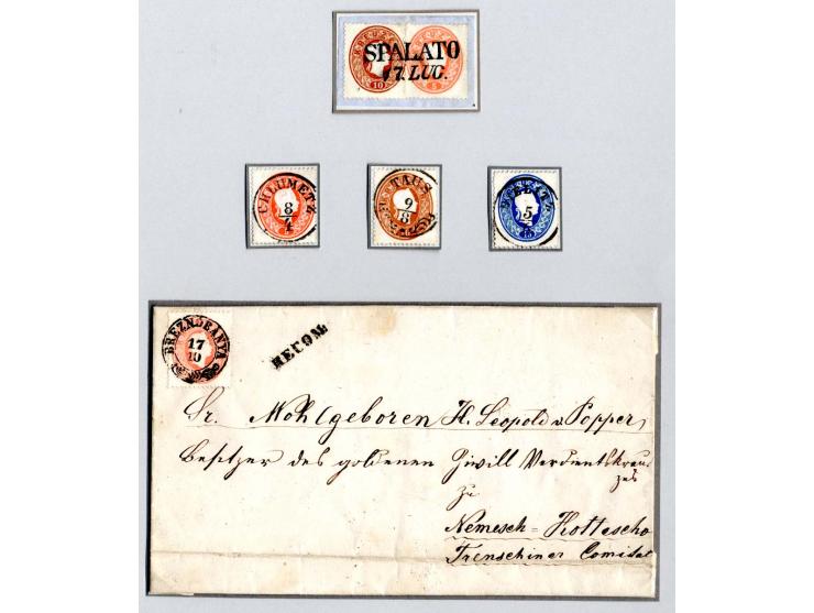1858/67, Sammlung auf 4 Blättern mit losen Marken, 2 Briefen und diversen Briefstücken, dabei 2 Farbfrankaturen, durchweg seh