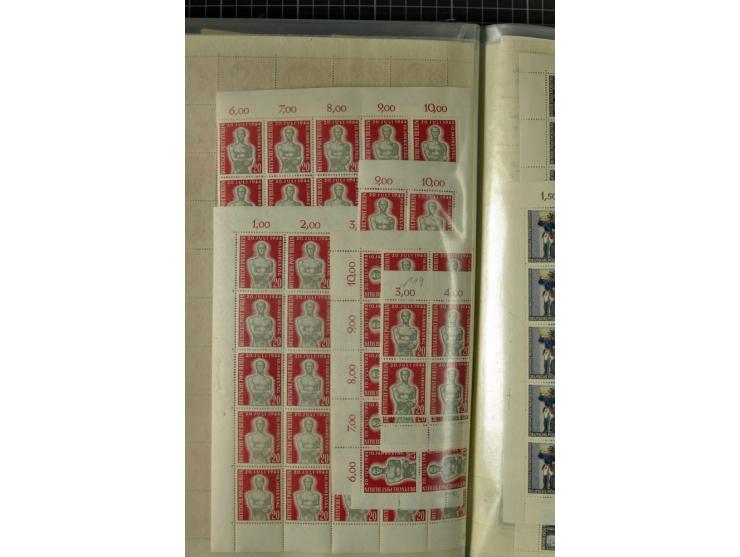 1950/1964, postrischer Lagerposten mit Bogen und Bogenteilen in unterschiedlichen Mengen, dabei u.a. Mi.-Nr. 71 (8), 75-79 (1