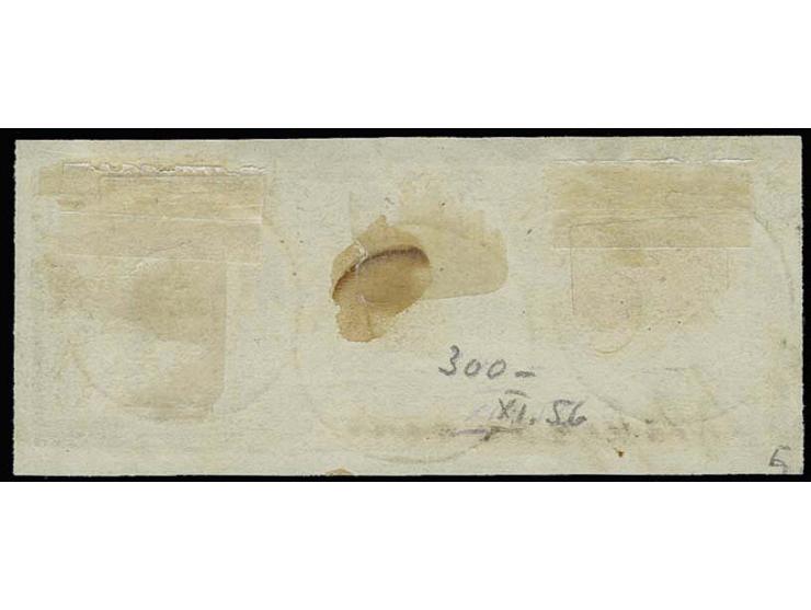 1850, 1 Ggr. auf blaugrau im waagerechten 3er-Streifen, allseits gleichmäßig breit gerandet mit dreimal klar aufgesetztem EKr