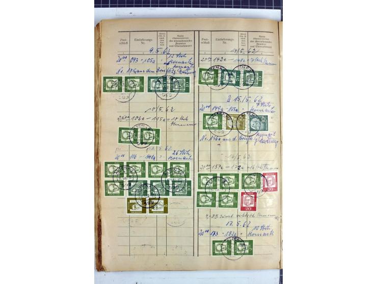 1960/64, Teil eines großformatigen Einlieferungsheftes, über 60 Blatt (wenige mit Fehlstellen), alle frankiert, meist mit Heu