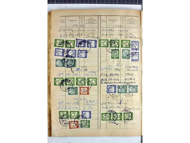 1960/64, Teil eines großformatigen Einlieferungsheftes, über 60 Blatt (wenige mit Fehlstellen), alle frankiert, meist mit Heu
