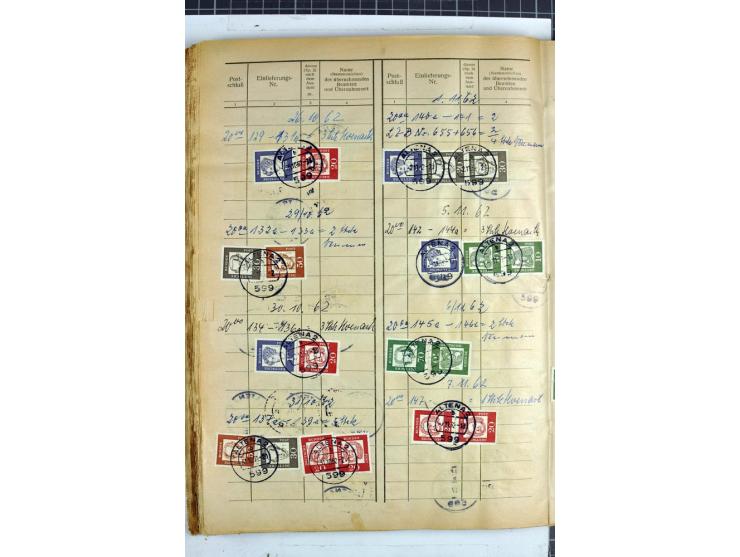 1960/64, Teil eines großformatigen Einlieferungsheftes, über 60 Blatt (wenige mit Fehlstellen), alle frankiert, meist mit Heu