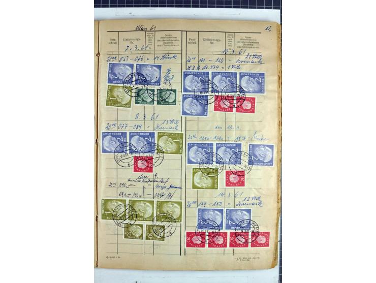 1960/64, Teil eines großformatigen Einlieferungsheftes, über 60 Blatt (wenige mit Fehlstellen), alle frankiert, meist mit Heu