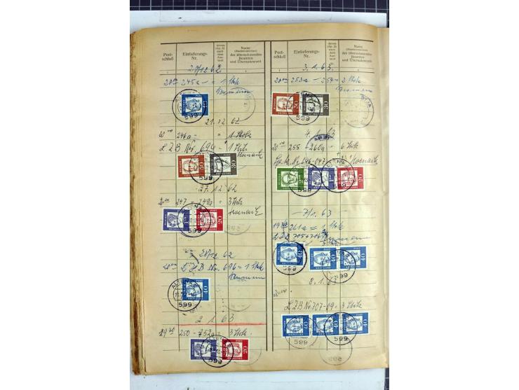 1960/64, Teil eines großformatigen Einlieferungsheftes, über 60 Blatt (wenige mit Fehlstellen), alle frankiert, meist mit Heu