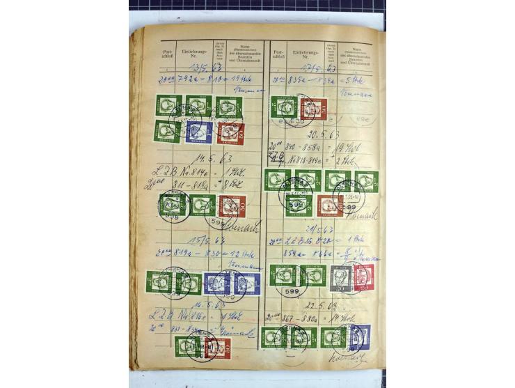 1960/64, Teil eines großformatigen Einlieferungsheftes, über 60 Blatt (wenige mit Fehlstellen), alle frankiert, meist mit Heu