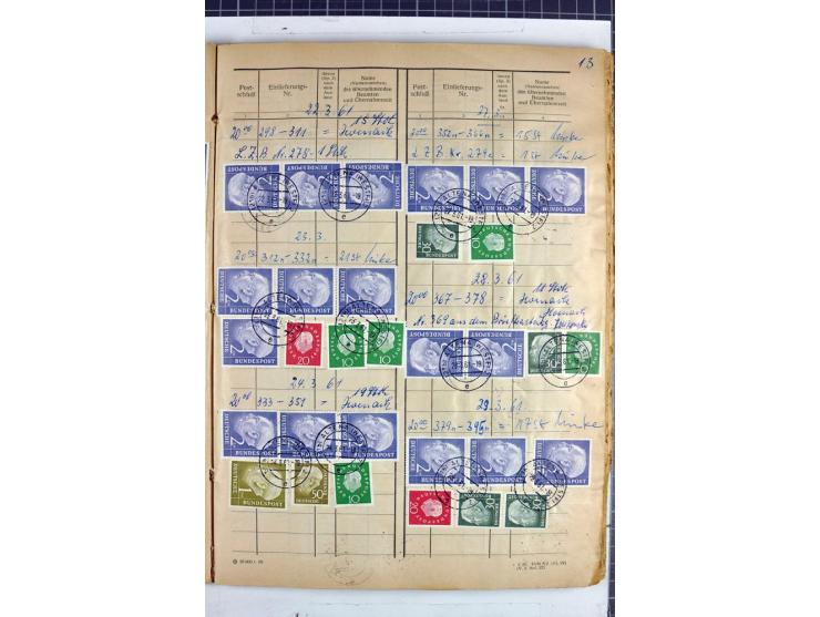 1960/64, Teil eines großformatigen Einlieferungsheftes, über 60 Blatt (wenige mit Fehlstellen), alle frankiert, meist mit Heu