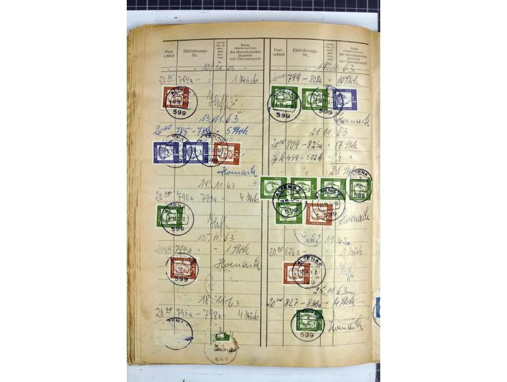1960/64, Teil eines großformatigen Einlieferungsheftes, über 60 Blatt (wenige mit Fehlstellen), alle frankiert, meist mit Heu