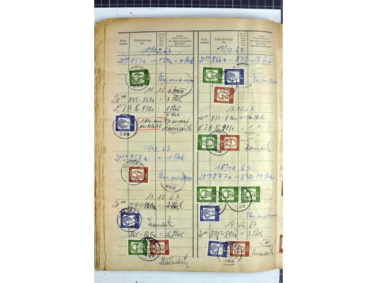 1960/64, Teil eines großformatigen Einlieferungsheftes, über 60 Blatt (wenige mit Fehlstellen), alle frankiert, meist mit Heu