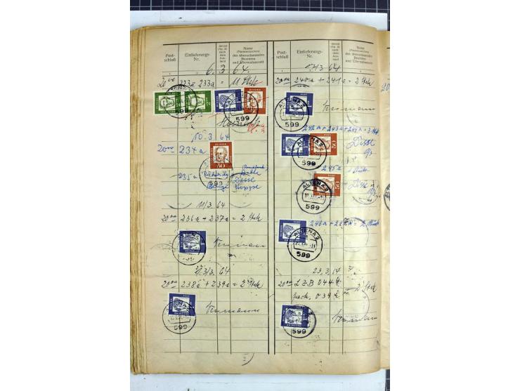 1960/64, Teil eines großformatigen Einlieferungsheftes, über 60 Blatt (wenige mit Fehlstellen), alle frankiert, meist mit Heu