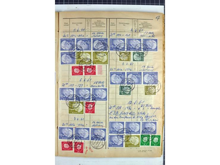 1960/64, Teil eines großformatigen Einlieferungsheftes, über 60 Blatt (wenige mit Fehlstellen), alle frankiert, meist mit Heu