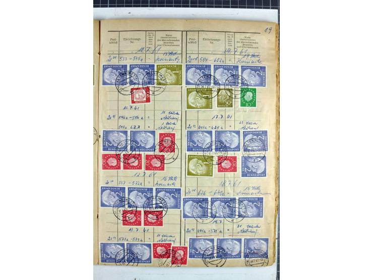 1960/64, Teil eines großformatigen Einlieferungsheftes, über 60 Blatt (wenige mit Fehlstellen), alle frankiert, meist mit Heu