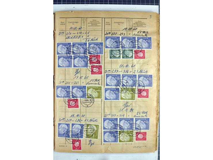 1960/64, Teil eines großformatigen Einlieferungsheftes, über 60 Blatt (wenige mit Fehlstellen), alle frankiert, meist mit Heu