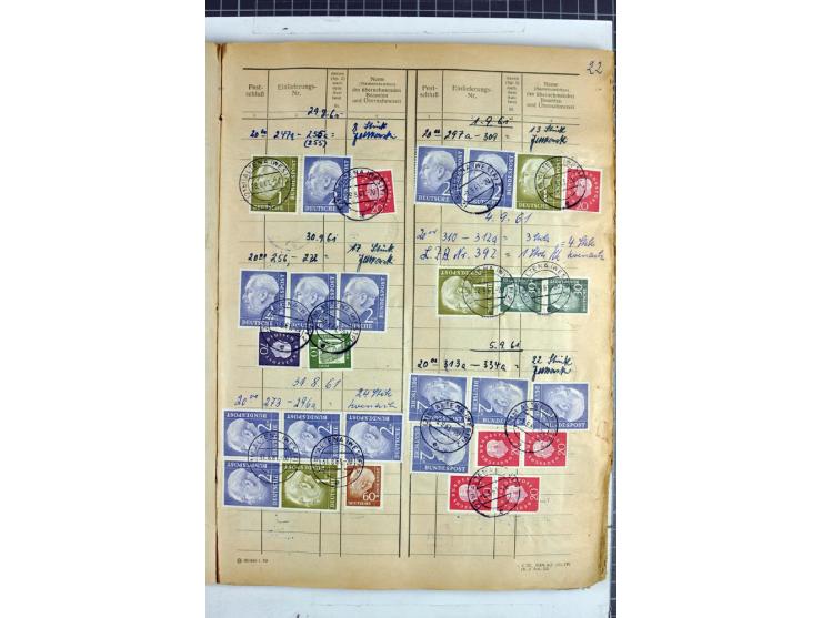 1960/64, Teil eines großformatigen Einlieferungsheftes, über 60 Blatt (wenige mit Fehlstellen), alle frankiert, meist mit Heu