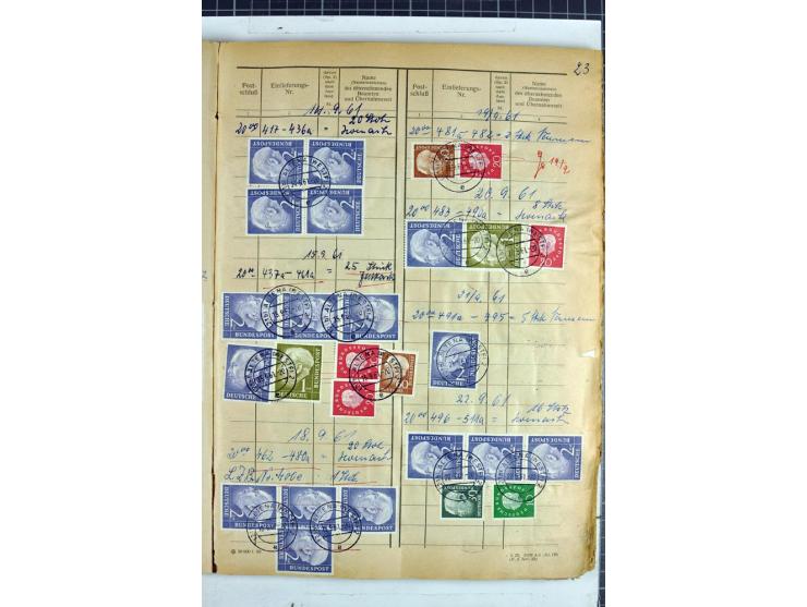 1960/64, Teil eines großformatigen Einlieferungsheftes, über 60 Blatt (wenige mit Fehlstellen), alle frankiert, meist mit Heu