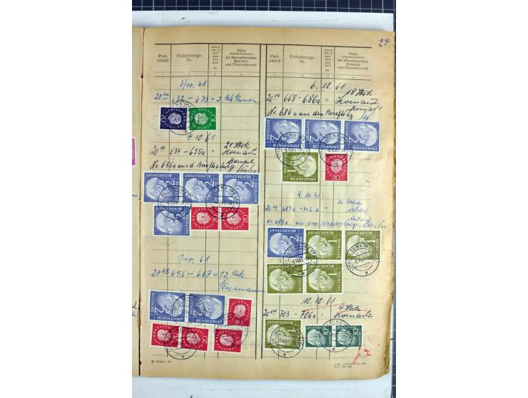 1960/64, Teil eines großformatigen Einlieferungsheftes, über 60 Blatt (wenige mit Fehlstellen), alle frankiert, meist mit Heu