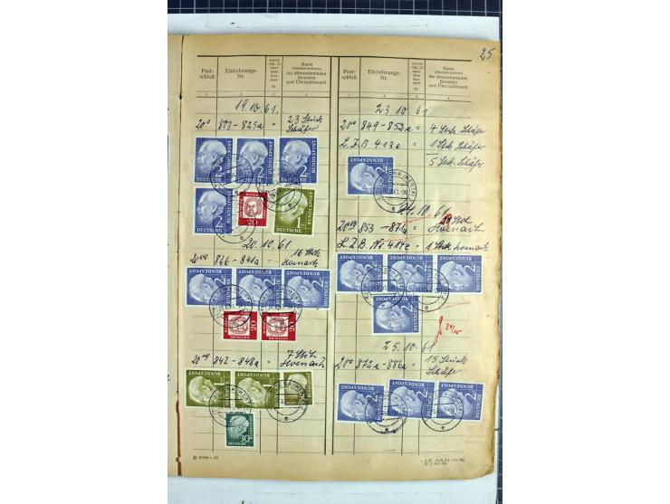 1960/64, Teil eines großformatigen Einlieferungsheftes, über 60 Blatt (wenige mit Fehlstellen), alle frankiert, meist mit Heu