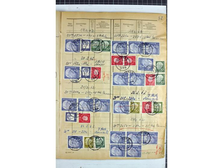 1960/64, Teil eines großformatigen Einlieferungsheftes, über 60 Blatt (wenige mit Fehlstellen), alle frankiert, meist mit Heu