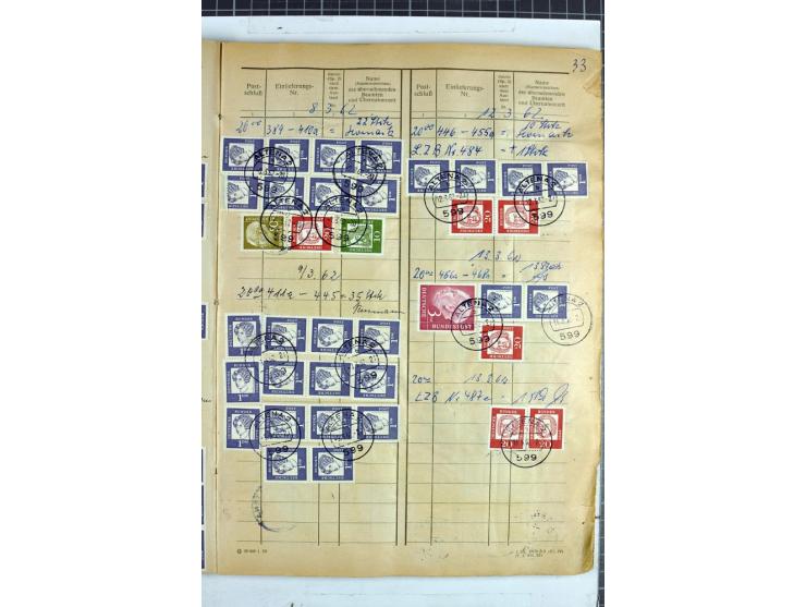 1960/64, Teil eines großformatigen Einlieferungsheftes, über 60 Blatt (wenige mit Fehlstellen), alle frankiert, meist mit Heu