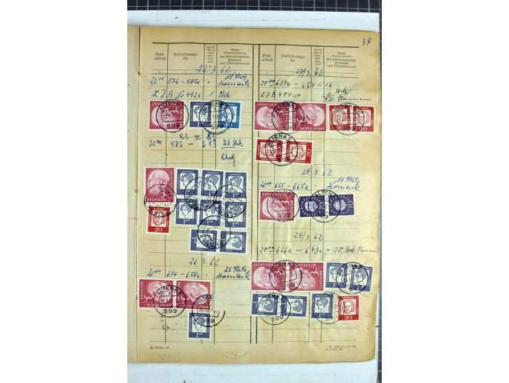 1960/64, Teil eines großformatigen Einlieferungsheftes, über 60 Blatt (wenige mit Fehlstellen), alle frankiert, meist mit Heu
