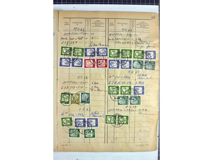 1960/64, Teil eines großformatigen Einlieferungsheftes, über 60 Blatt (wenige mit Fehlstellen), alle frankiert, meist mit Heu