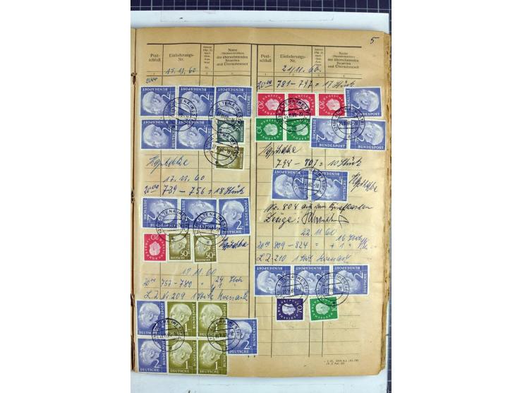 1960/64, Teil eines großformatigen Einlieferungsheftes, über 60 Blatt (wenige mit Fehlstellen), alle frankiert, meist mit Heu