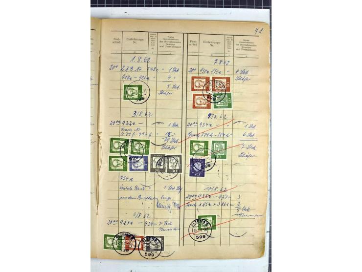 1960/64, Teil eines großformatigen Einlieferungsheftes, über 60 Blatt (wenige mit Fehlstellen), alle frankiert, meist mit Heu