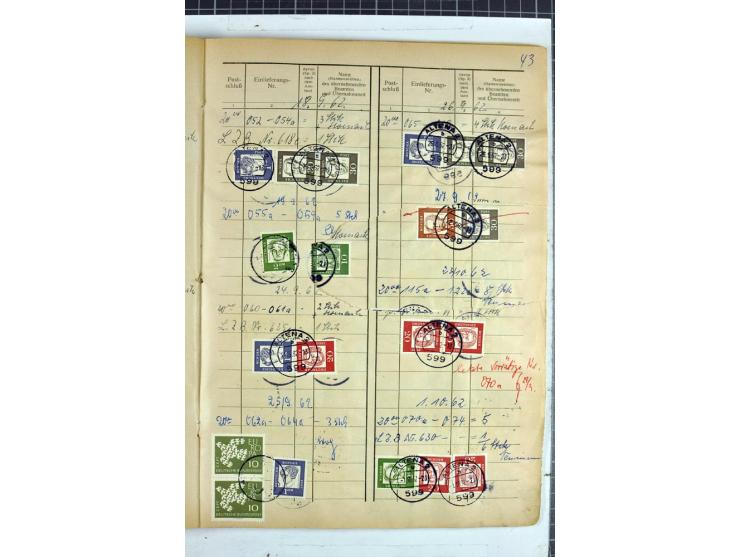 1960/64, Teil eines großformatigen Einlieferungsheftes, über 60 Blatt (wenige mit Fehlstellen), alle frankiert, meist mit Heu
