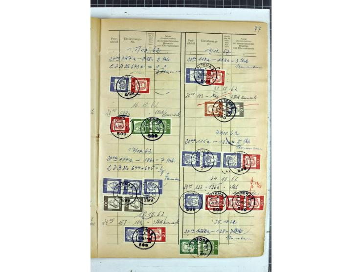 1960/64, Teil eines großformatigen Einlieferungsheftes, über 60 Blatt (wenige mit Fehlstellen), alle frankiert, meist mit Heu