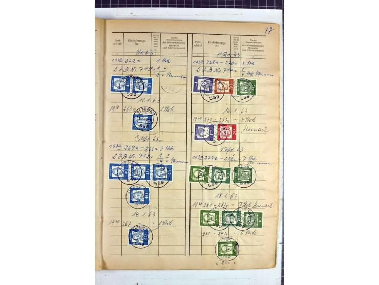 1960/64, Teil eines großformatigen Einlieferungsheftes, über 60 Blatt (wenige mit Fehlstellen), alle frankiert, meist mit Heu