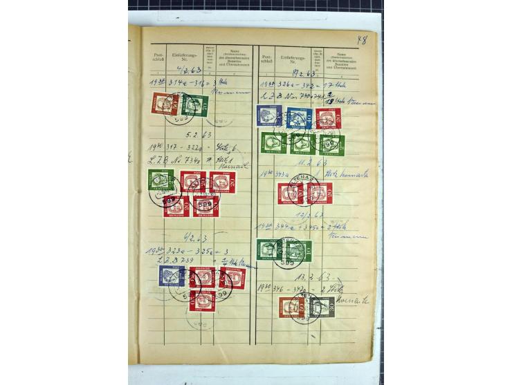1960/64, Teil eines großformatigen Einlieferungsheftes, über 60 Blatt (wenige mit Fehlstellen), alle frankiert, meist mit Heu