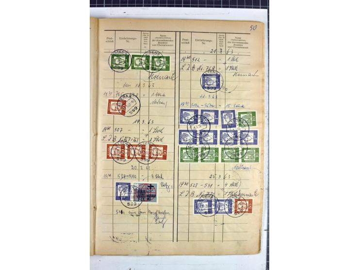 1960/64, Teil eines großformatigen Einlieferungsheftes, über 60 Blatt (wenige mit Fehlstellen), alle frankiert, meist mit Heu