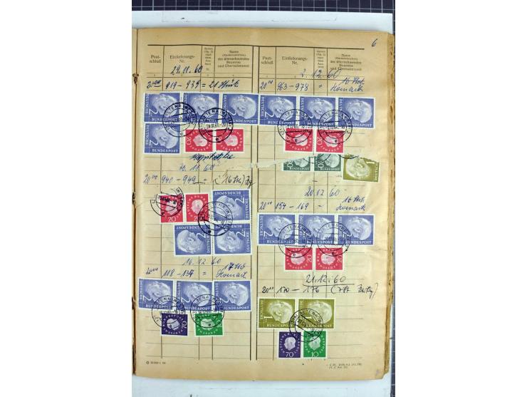 1960/64, Teil eines großformatigen Einlieferungsheftes, über 60 Blatt (wenige mit Fehlstellen), alle frankiert, meist mit Heu