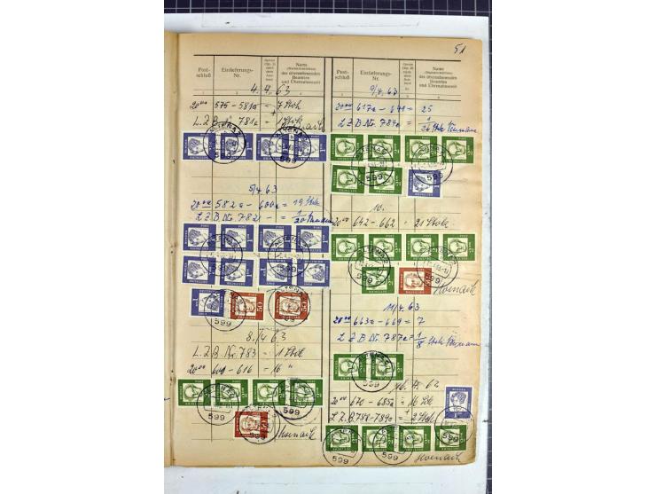 1960/64, Teil eines großformatigen Einlieferungsheftes, über 60 Blatt (wenige mit Fehlstellen), alle frankiert, meist mit Heu