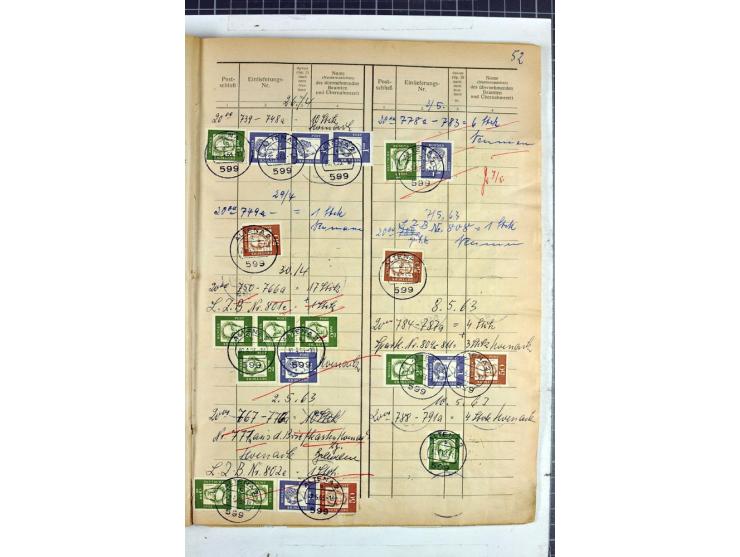 1960/64, Teil eines großformatigen Einlieferungsheftes, über 60 Blatt (wenige mit Fehlstellen), alle frankiert, meist mit Heu