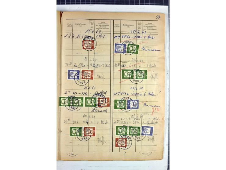 1960/64, Teil eines großformatigen Einlieferungsheftes, über 60 Blatt (wenige mit Fehlstellen), alle frankiert, meist mit Heu