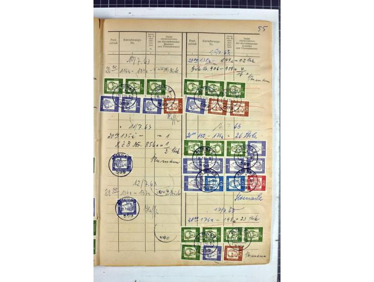 1960/64, Teil eines großformatigen Einlieferungsheftes, über 60 Blatt (wenige mit Fehlstellen), alle frankiert, meist mit Heu