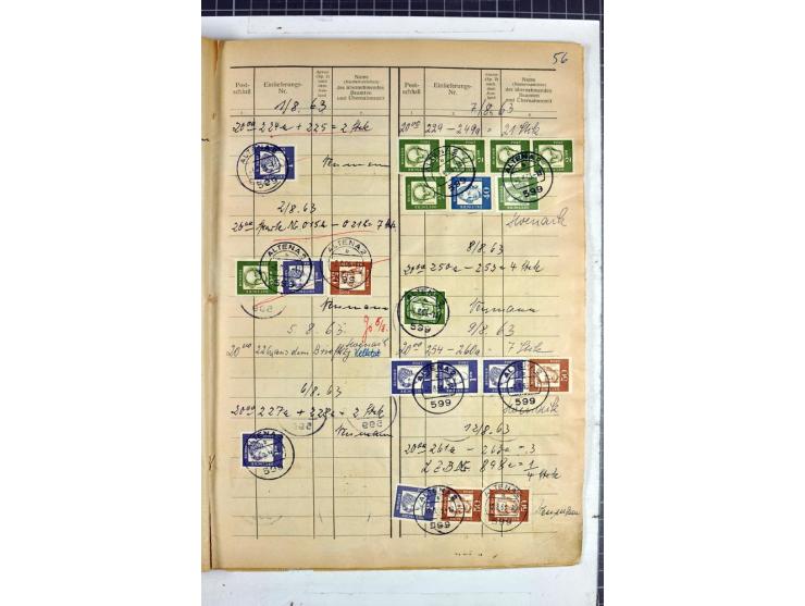 1960/64, Teil eines großformatigen Einlieferungsheftes, über 60 Blatt (wenige mit Fehlstellen), alle frankiert, meist mit Heu