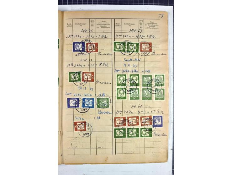 1960/64, Teil eines großformatigen Einlieferungsheftes, über 60 Blatt (wenige mit Fehlstellen), alle frankiert, meist mit Heu