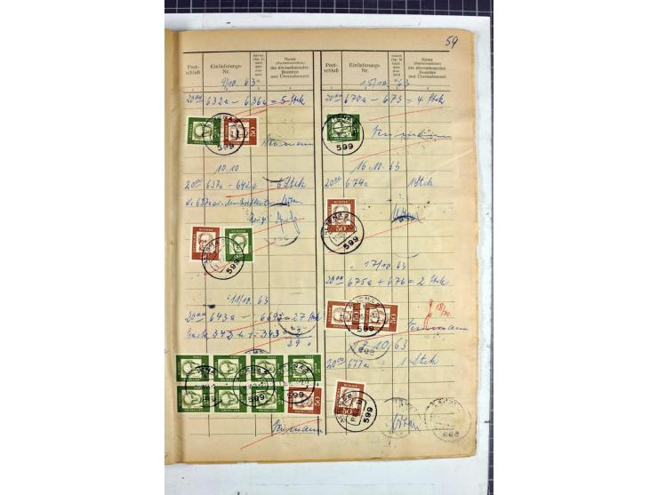 1960/64, Teil eines großformatigen Einlieferungsheftes, über 60 Blatt (wenige mit Fehlstellen), alle frankiert, meist mit Heu