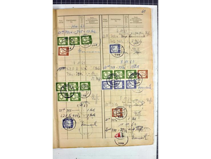 1960/64, Teil eines großformatigen Einlieferungsheftes, über 60 Blatt (wenige mit Fehlstellen), alle frankiert, meist mit Heu