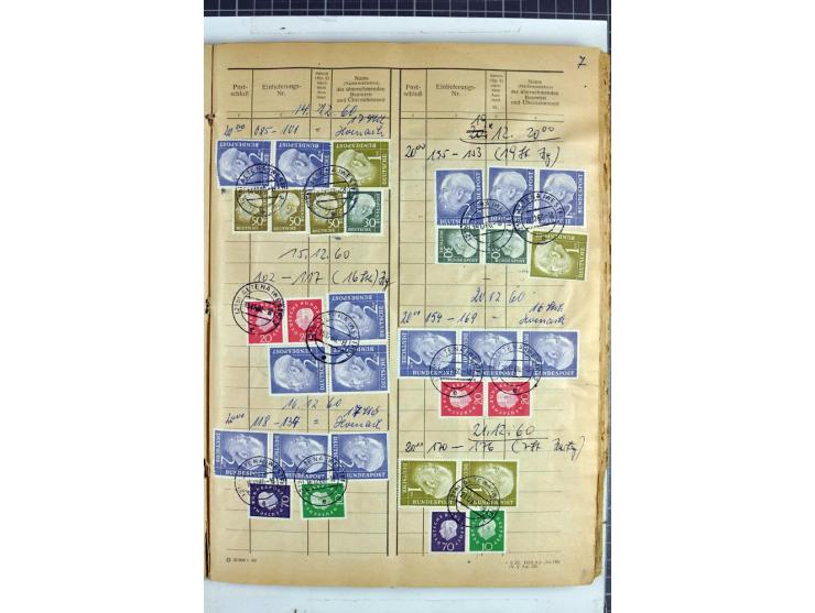 1960/64, Teil eines großformatigen Einlieferungsheftes, über 60 Blatt (wenige mit Fehlstellen), alle frankiert, meist mit Heu