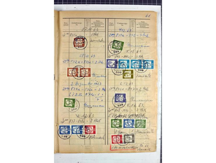 1960/64, Teil eines großformatigen Einlieferungsheftes, über 60 Blatt (wenige mit Fehlstellen), alle frankiert, meist mit Heu