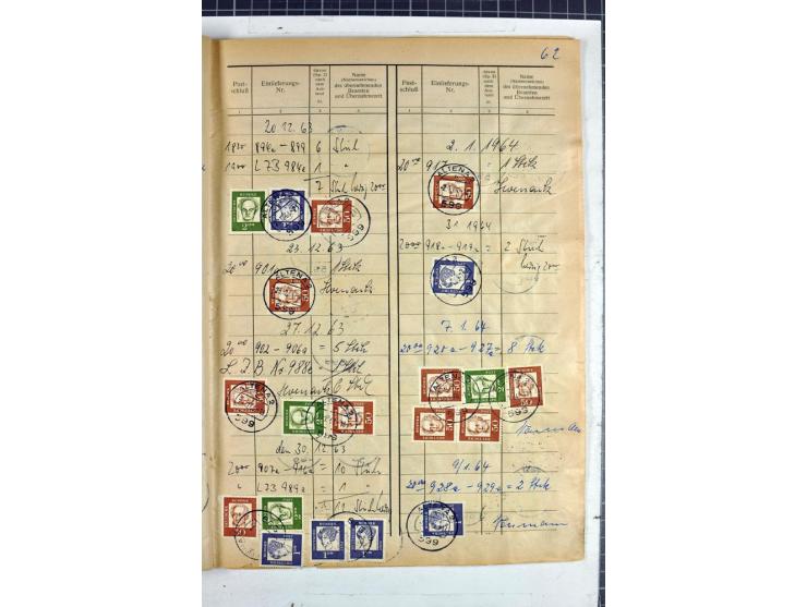 1960/64, Teil eines großformatigen Einlieferungsheftes, über 60 Blatt (wenige mit Fehlstellen), alle frankiert, meist mit Heu