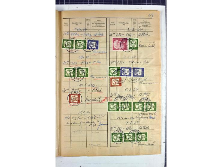 1960/64, Teil eines großformatigen Einlieferungsheftes, über 60 Blatt (wenige mit Fehlstellen), alle frankiert, meist mit Heu